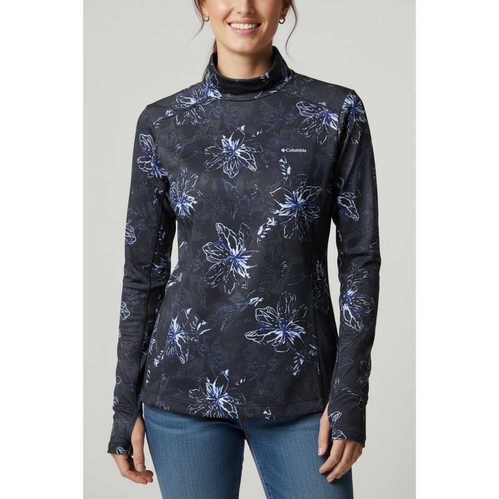 Columbia Ballona Pullover Womens Medium Navy Blue Floral Mock Neck Thumbholes